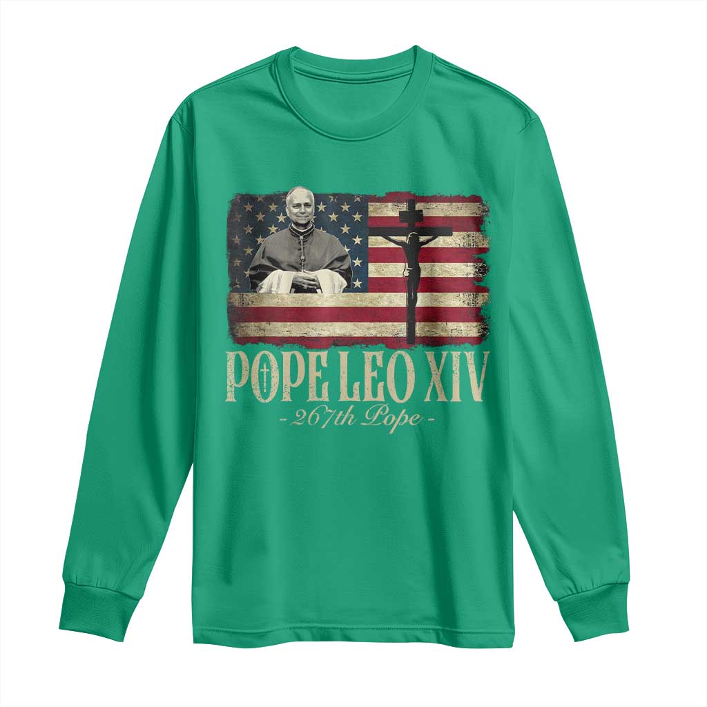 Da Pope Leo XIV Long Sleeve Shirt From America Chicago USA Flag Cross