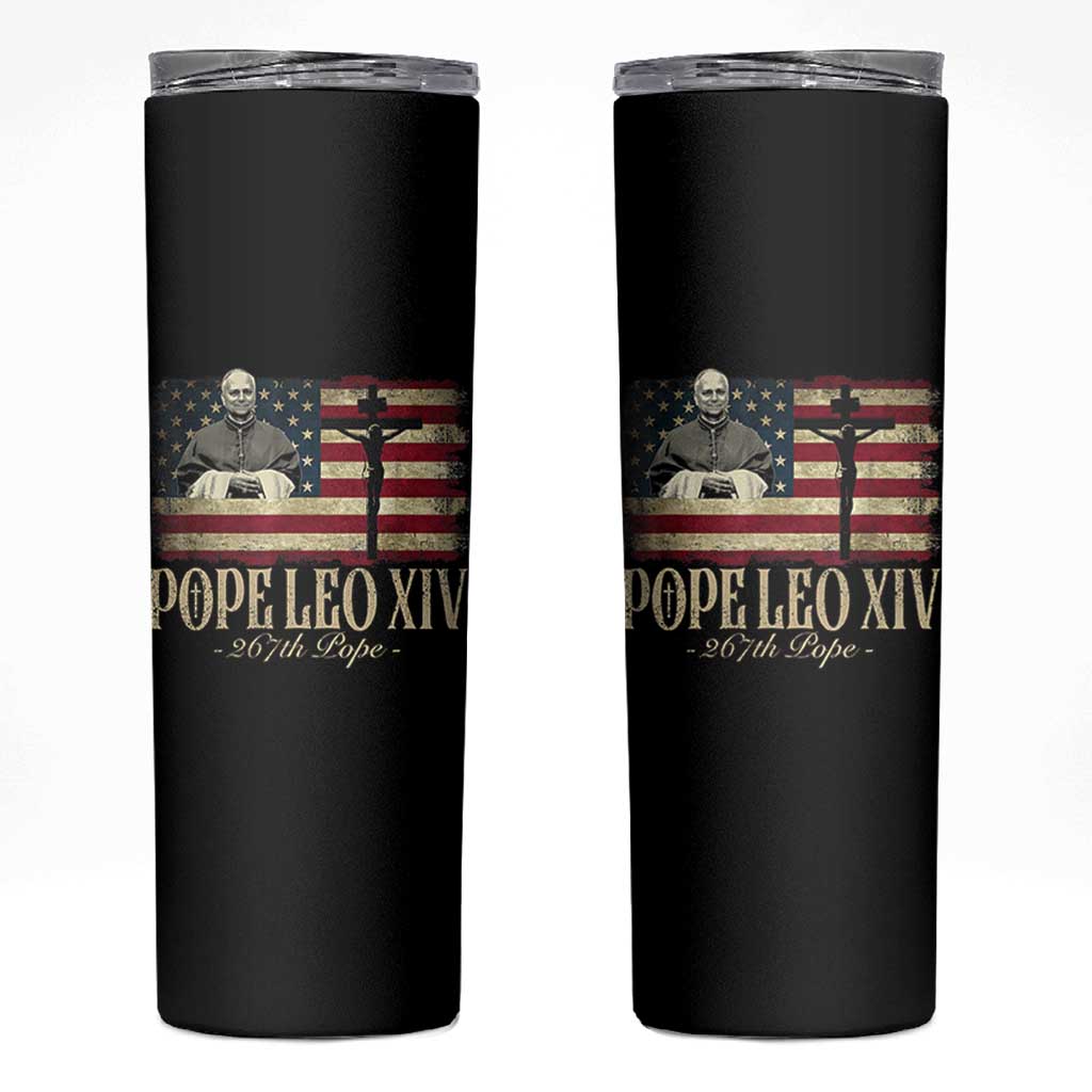 Da Pope Leo XIV Skinny Tumbler From America Chicago USA Flag Cross