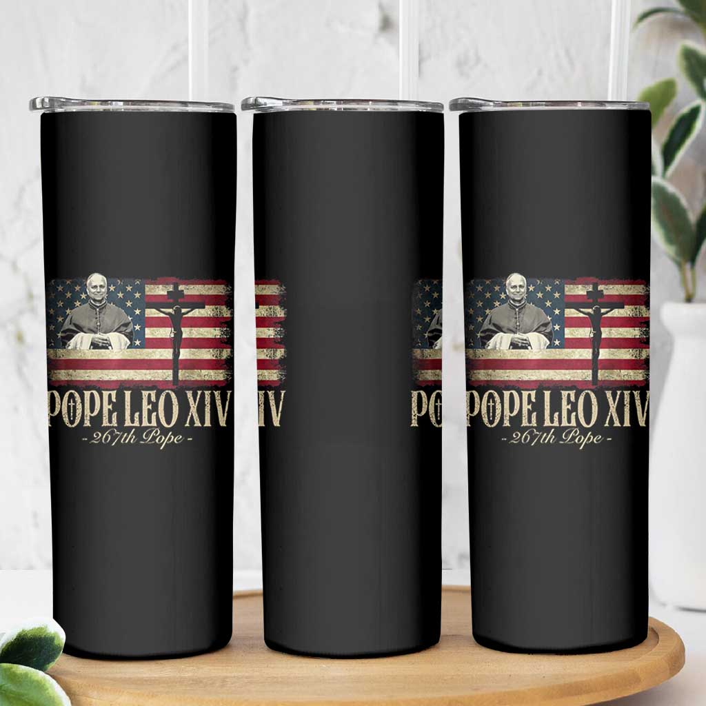 Da Pope Leo XIV Skinny Tumbler From America Chicago USA Flag Cross
