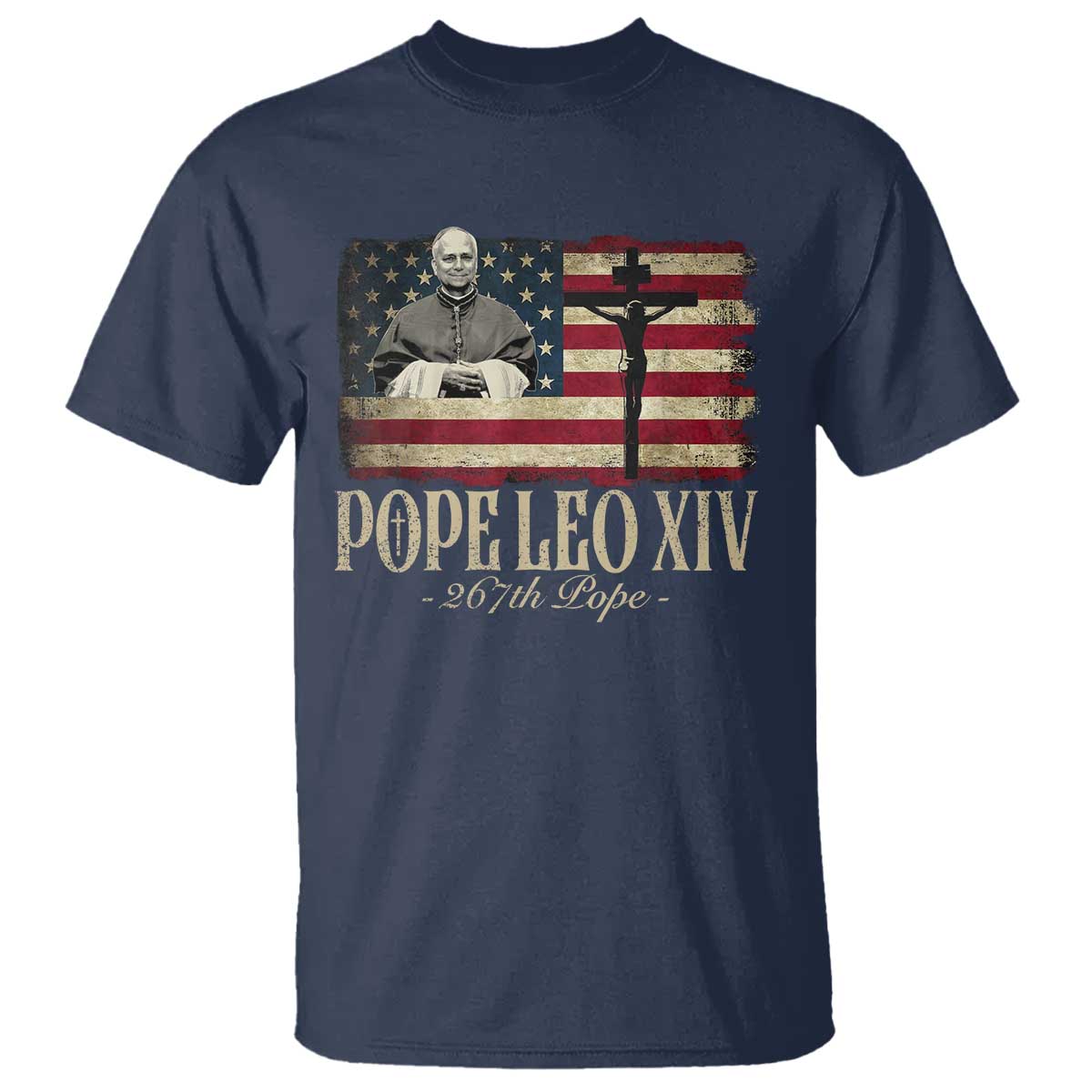 Da Pope Leo XIV T Shirt From America Chicago USA Flag Cross