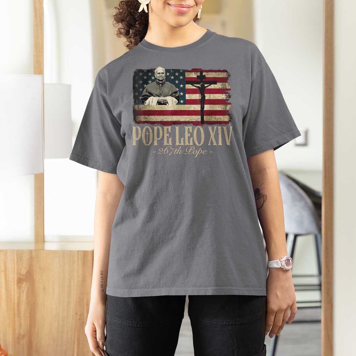 Da Pope Leo XIV T Shirt For Women From America Chicago USA Flag Cross