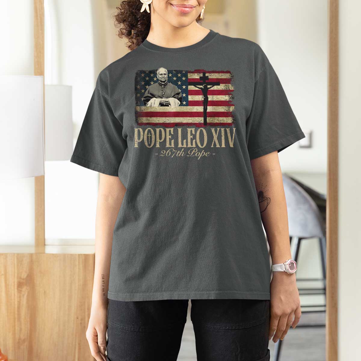 Da Pope Leo XIV T Shirt For Women From America Chicago USA Flag Cross