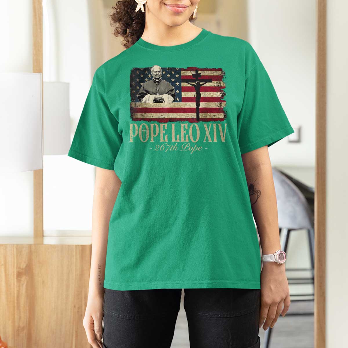 Da Pope Leo XIV T Shirt For Women From America Chicago USA Flag Cross