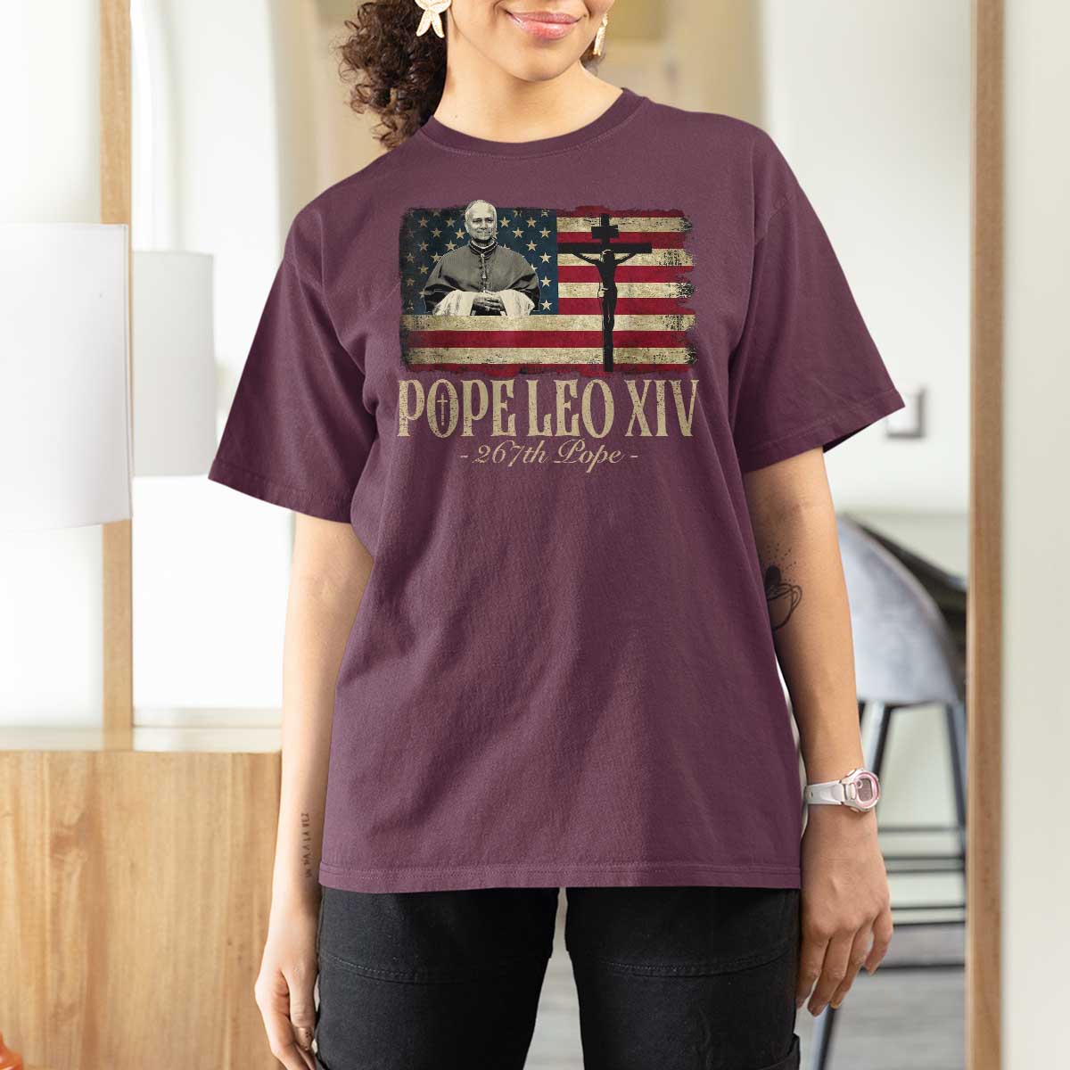 Da Pope Leo XIV T Shirt For Women From America Chicago USA Flag Cross