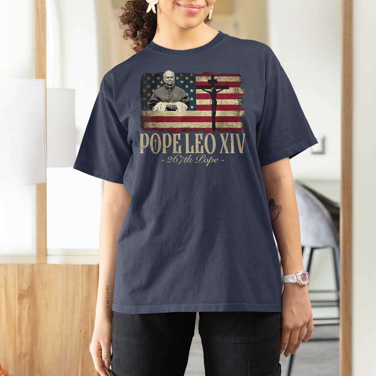 Da Pope Leo XIV T Shirt For Women From America Chicago USA Flag Cross