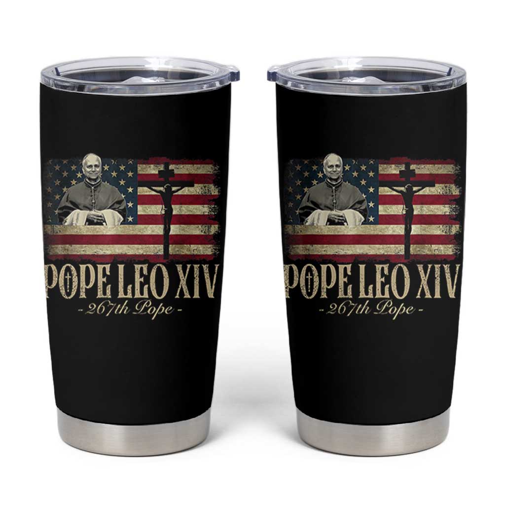 Da Pope Leo XIV Tumbler Cup From America Chicago USA Flag Cross