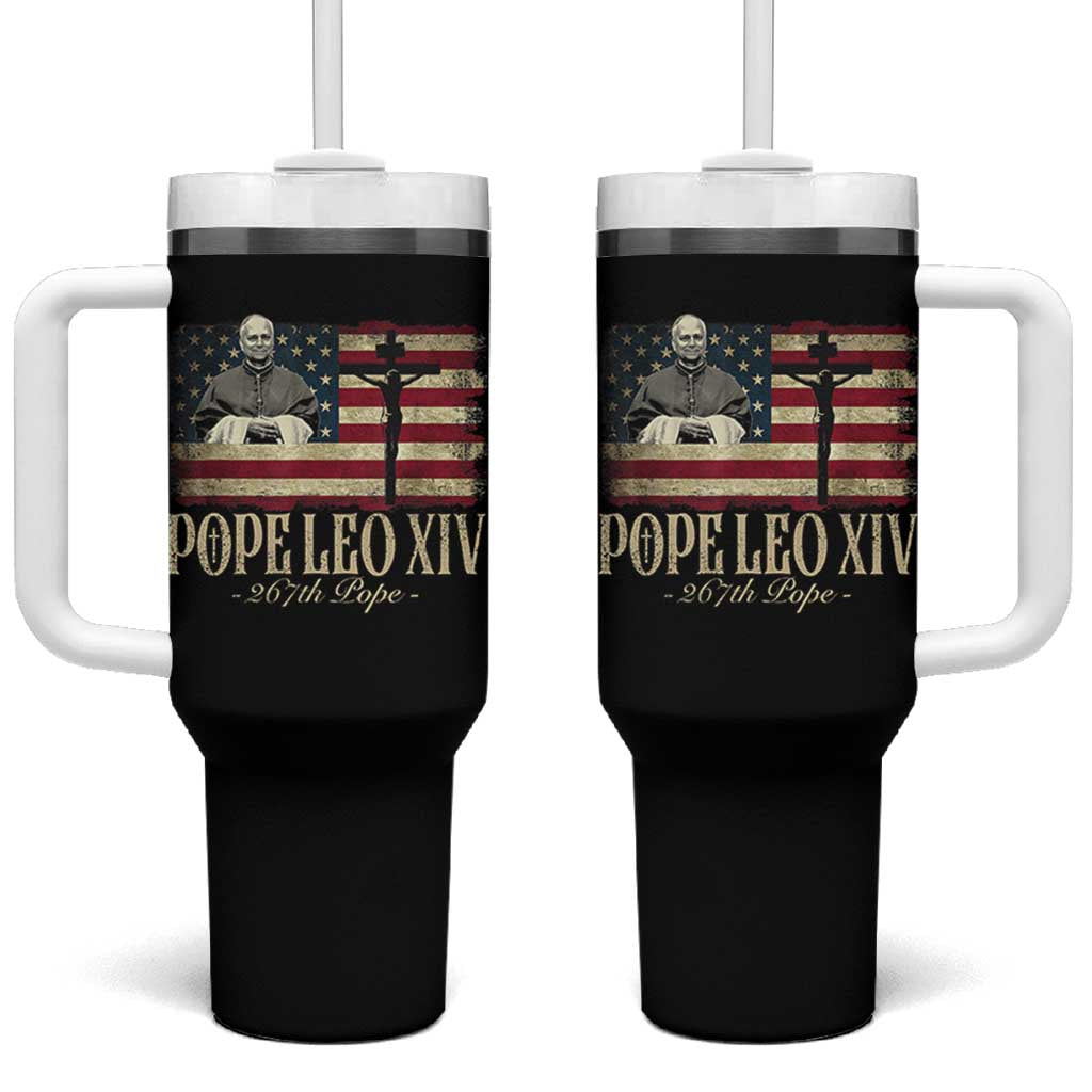 Da Pope Leo XIV Tumbler With Handle From America Chicago USA Flag Cross
