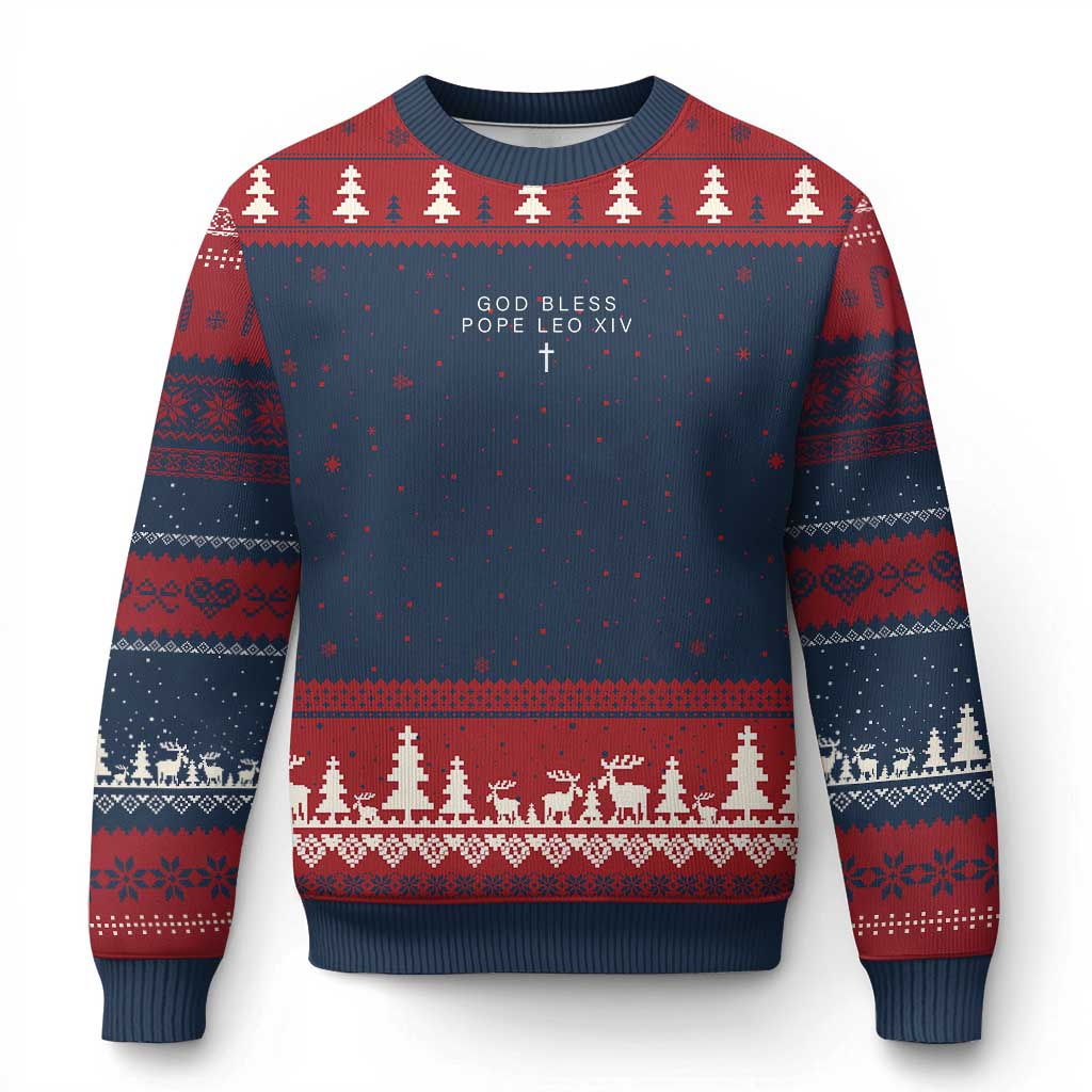 God Bless Pope Leo XIV Ugly Christmas Sweater Cross Subtle Minimal Religious Faith - Wonder Print Shop