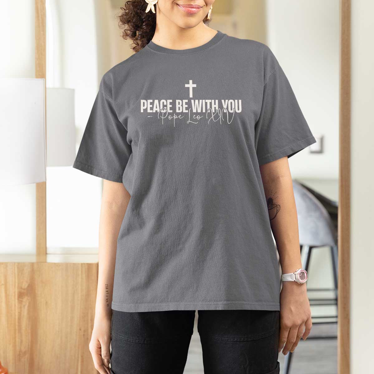 Pope Leo XIV T Shirt For Women Peace Be With You All Catholic Church Subtle Cross