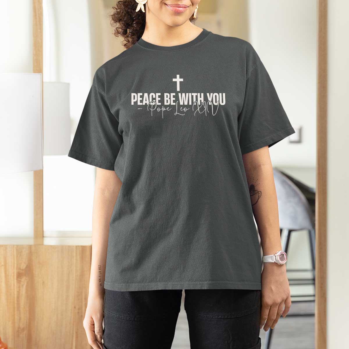 Pope Leo XIV T Shirt For Women Peace Be With You All Catholic Church Subtle Cross