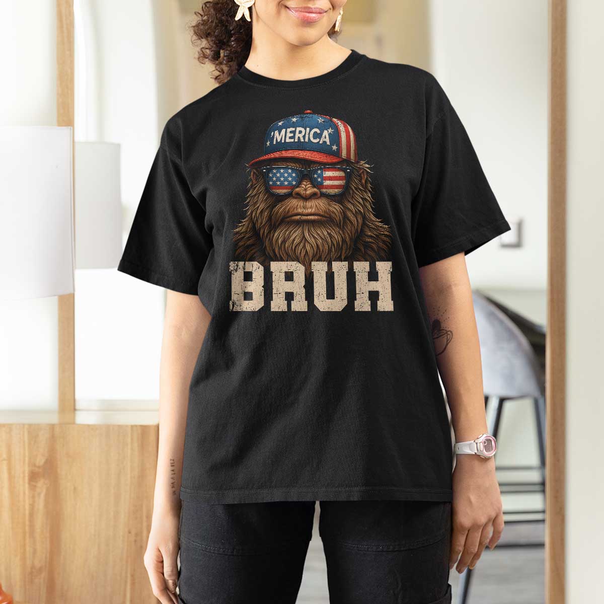 Bruh Bigfoot Merica T Shirt For Women American Flag Patriotic 4th Of July - Wonder Print Shop