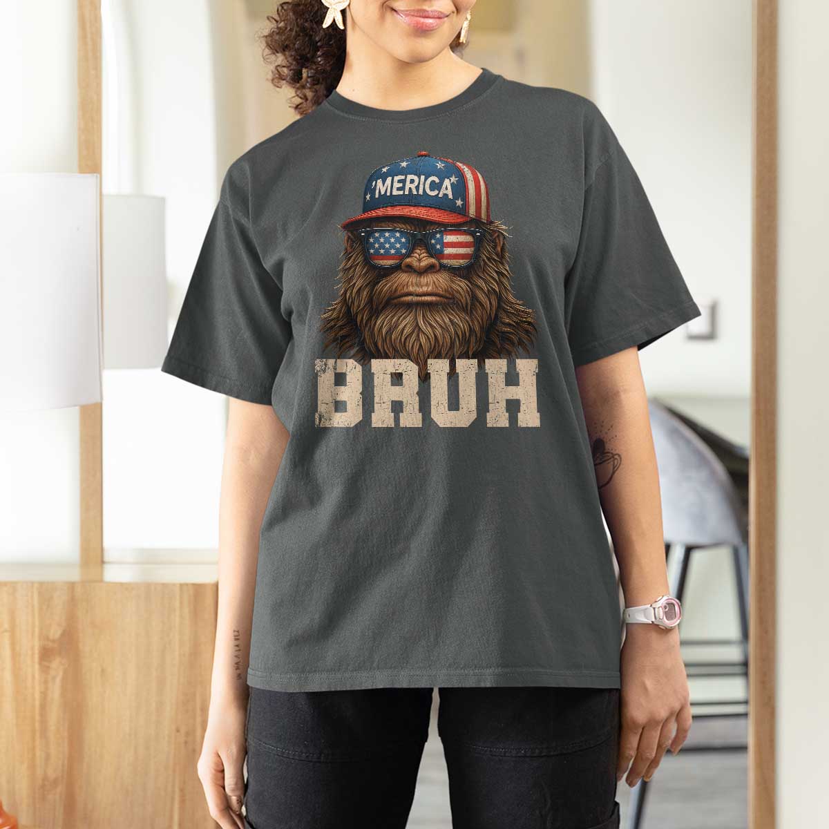 Bruh Bigfoot Merica T Shirt For Women American Flag Patriotic 4th Of July - Wonder Print Shop