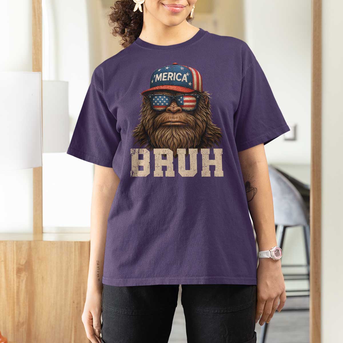 Bruh Bigfoot Merica T Shirt For Women American Flag Patriotic 4th Of July - Wonder Print Shop