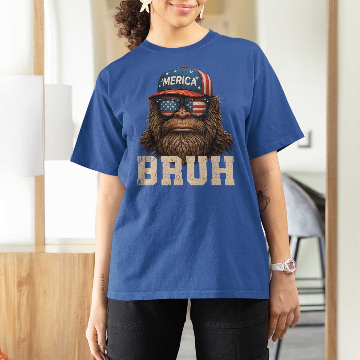 Bruh Bigfoot Merica T Shirt For Women American Flag Patriotic 4th Of July - Wonder Print Shop
