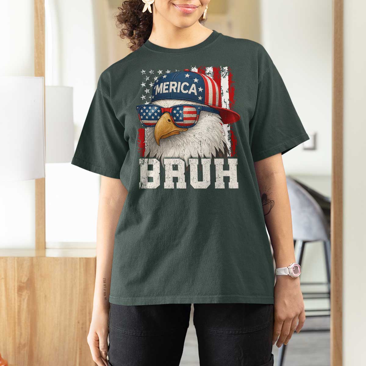Bruh 'Merica Bald Eagle 4th of July T Shirt For Women Patriotic USA Flag - Wonder Print Shop