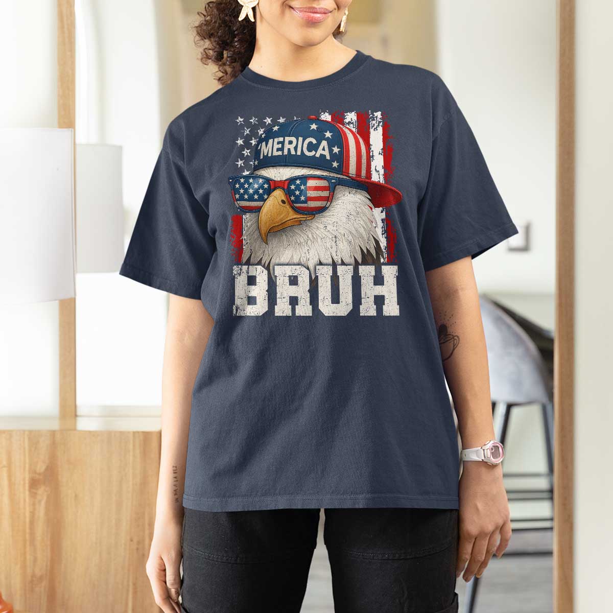 Bruh 'Merica Bald Eagle 4th of July T Shirt For Women Patriotic USA Flag - Wonder Print Shop