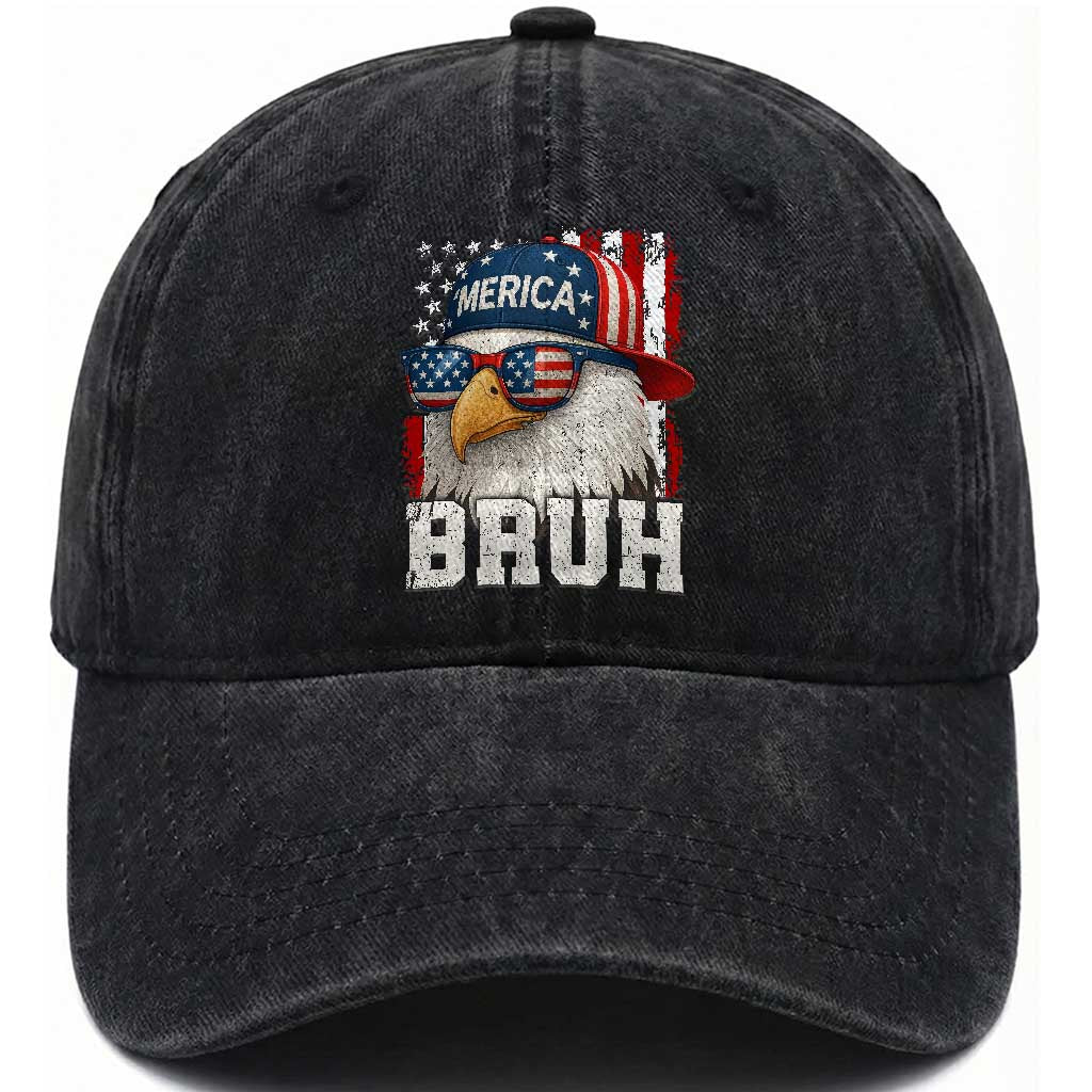 Bruh 'Merica Bald Eagle 4th of July Washed Cotton Baseball Cap Patriotic USA Flag