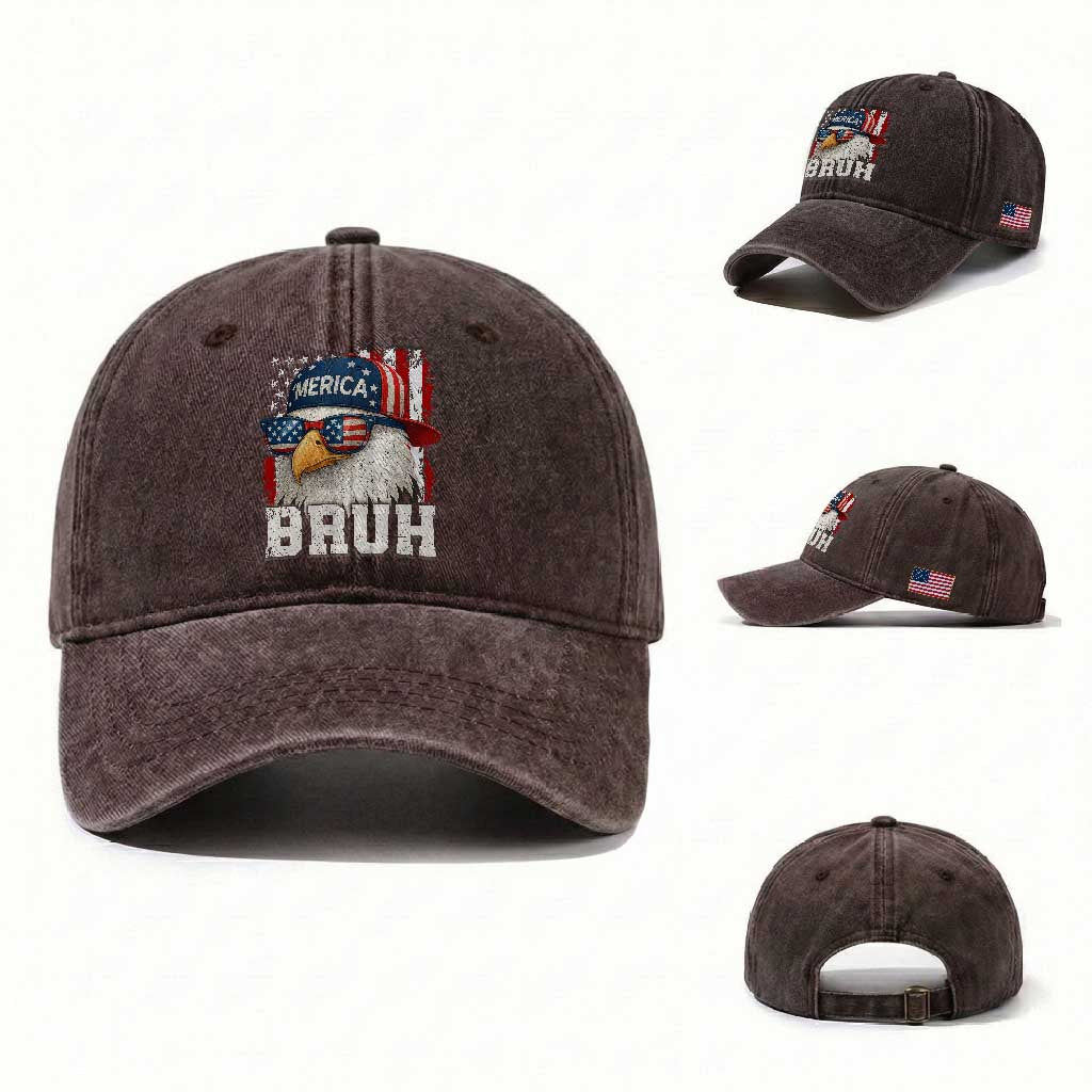 Bruh 'Merica Bald Eagle 4th of July Washed Cotton Baseball Cap Patriotic USA Flag