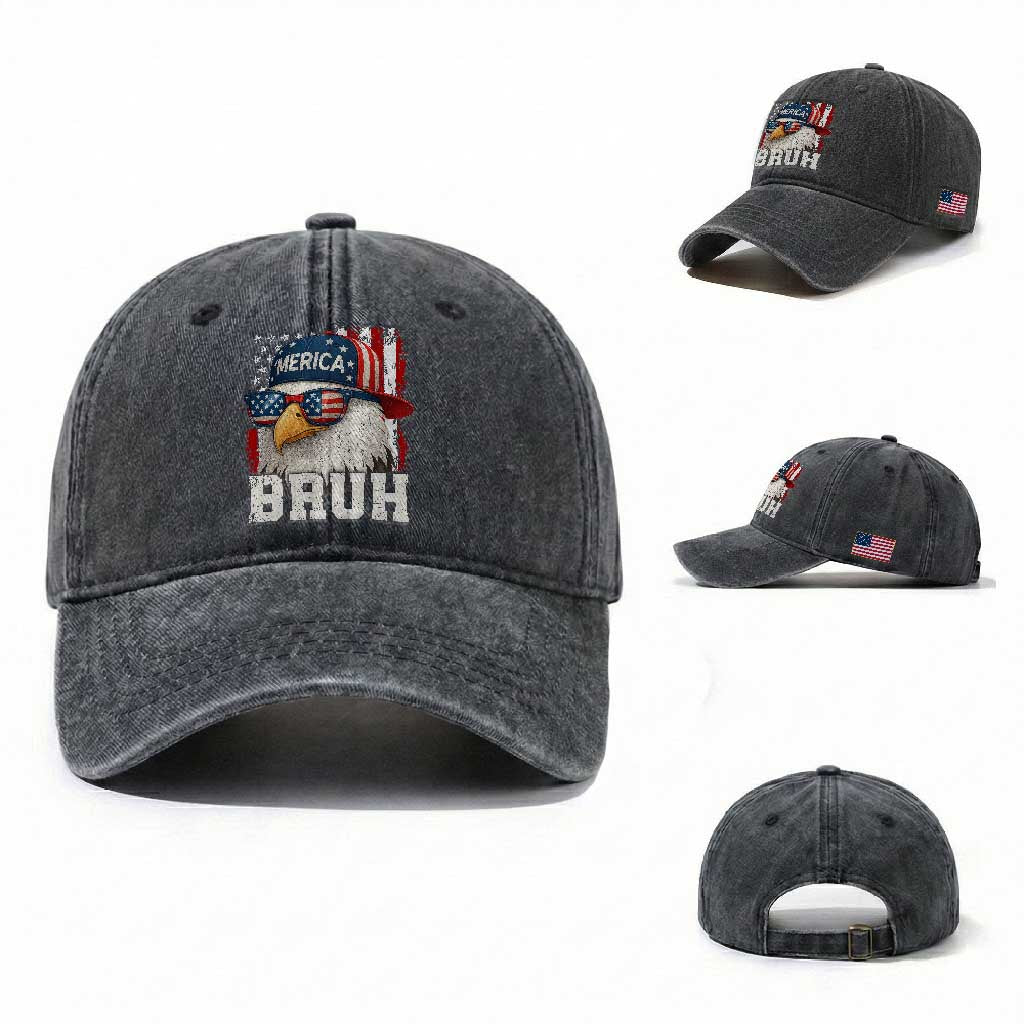 Bruh 'Merica Bald Eagle 4th of July Washed Cotton Baseball Cap Patriotic USA Flag