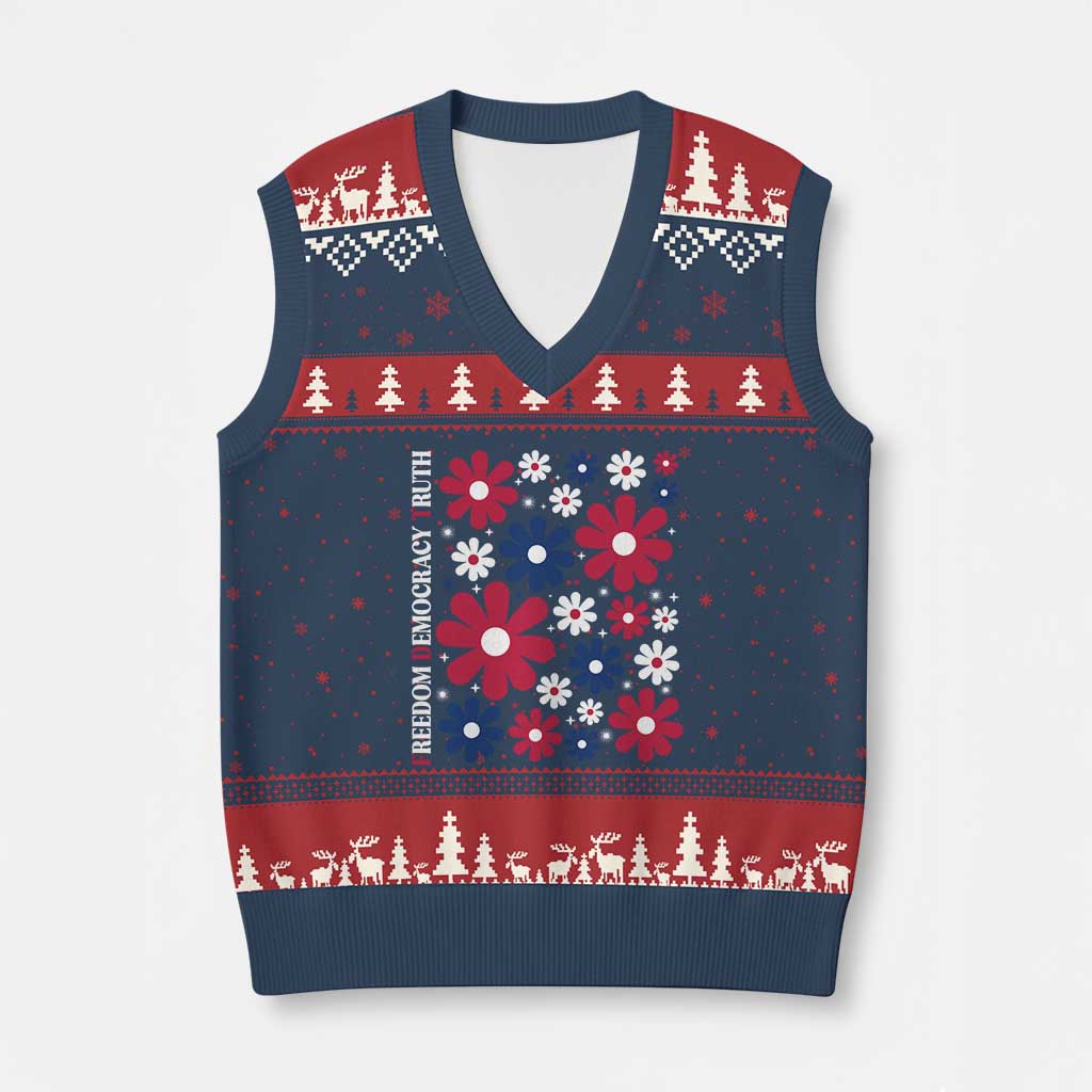 Subtle FDT V-Neck Knit Sweater Vest Boho Floral Red White Blue Social Justice - Wonder Print Shop