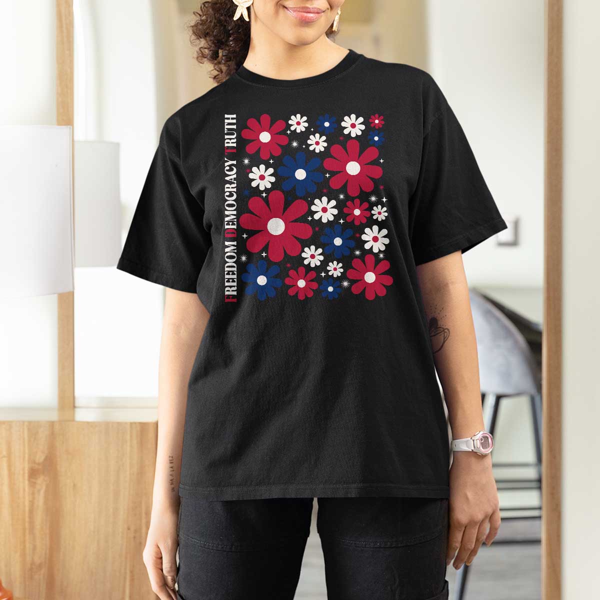 Subtle FDT T Shirt For Women Boho Floral Red White Blue Social Justice - Wonder Print Shop