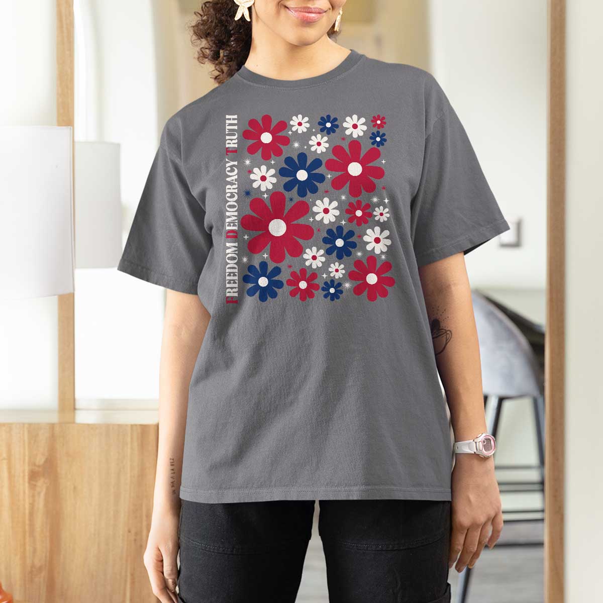 Subtle FDT T Shirt For Women Boho Floral Red White Blue Social Justice - Wonder Print Shop