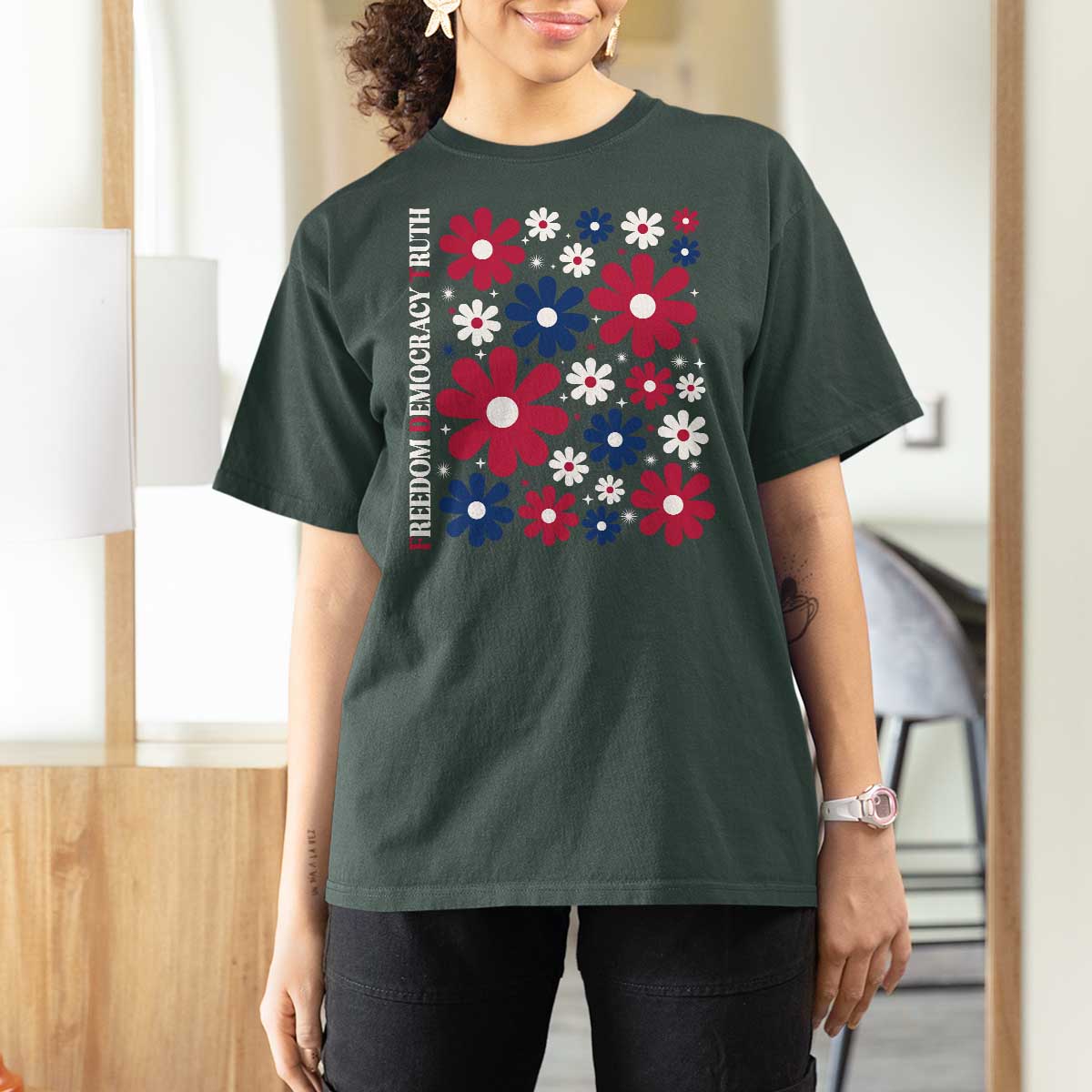 Subtle FDT T Shirt For Women Boho Floral Red White Blue Social Justice - Wonder Print Shop