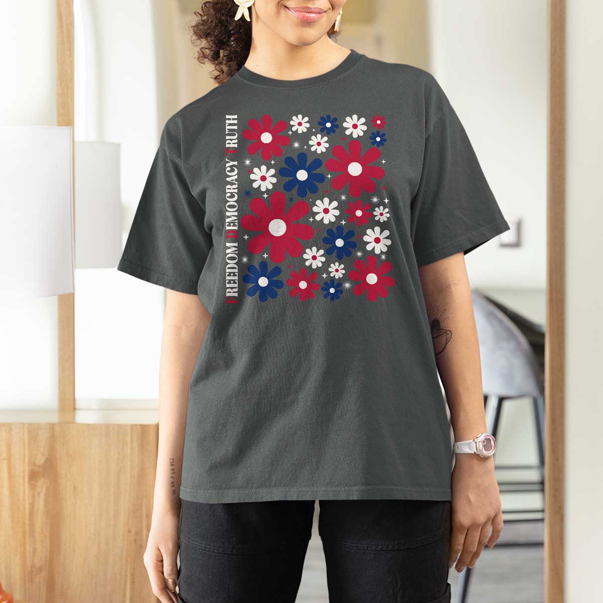 Subtle FDT T Shirt For Women Boho Floral Red White Blue Social Justice - Wonder Print Shop