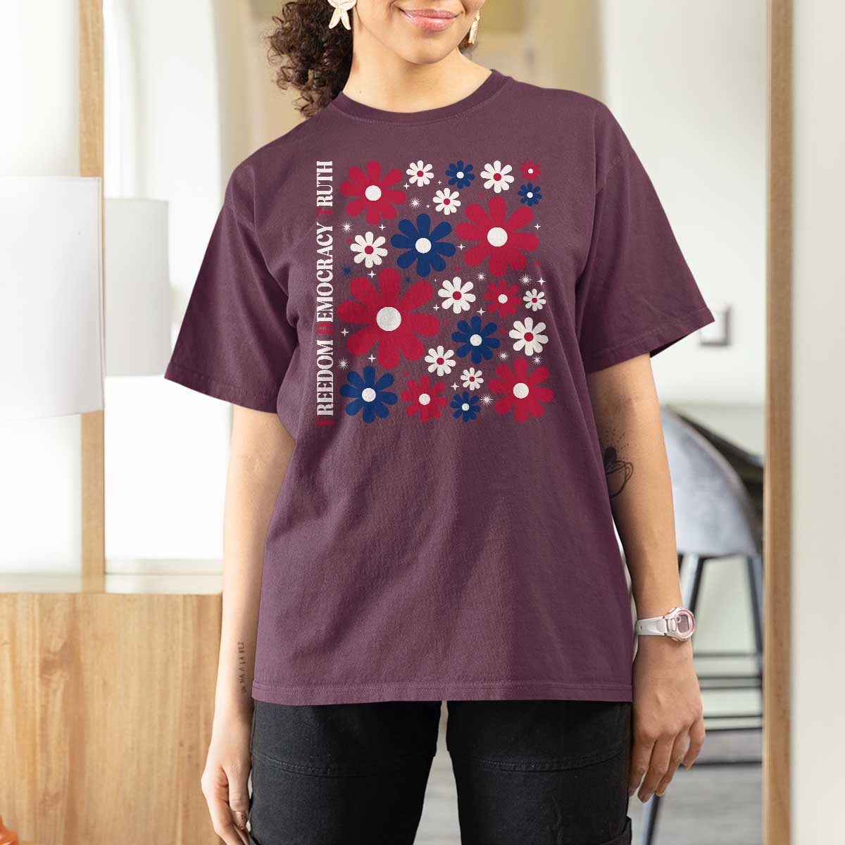 Subtle FDT T Shirt For Women Boho Floral Red White Blue Social Justice - Wonder Print Shop