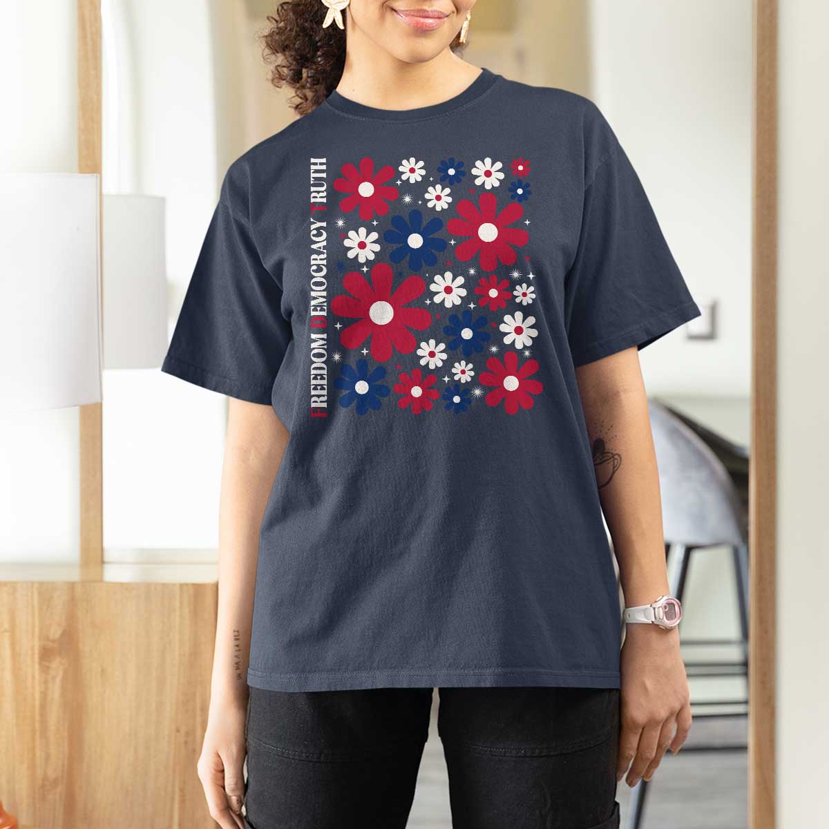 Subtle FDT T Shirt For Women Boho Floral Red White Blue Social Justice - Wonder Print Shop
