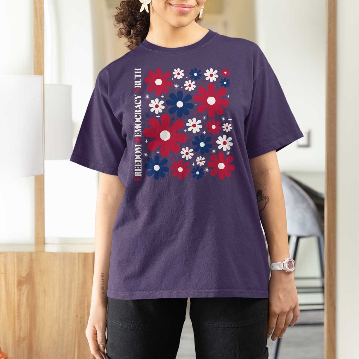 Subtle FDT T Shirt For Women Boho Floral Red White Blue Social Justice - Wonder Print Shop