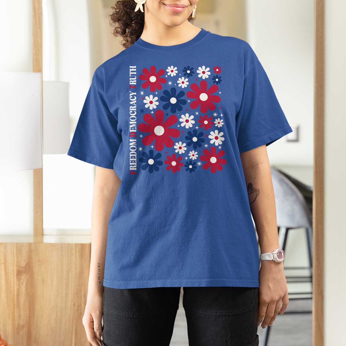 Subtle FDT T Shirt For Women Boho Floral Red White Blue Social Justice - Wonder Print Shop