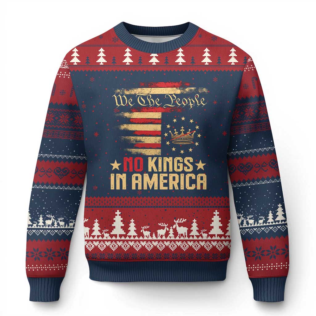 No Kings in America Ugly Christmas Sweater Vintage Old American Flag Patriotic 1776 We The People - Wonder Print Shop