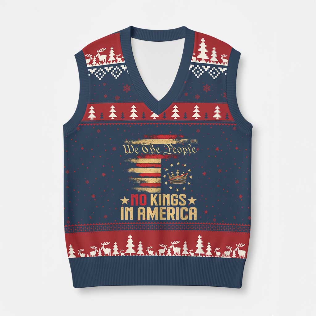 No Kings in America V-Neck Knit Sweater Vest Vintage Old American Flag Patriotic 1776 We The People - Wonder Print Shop