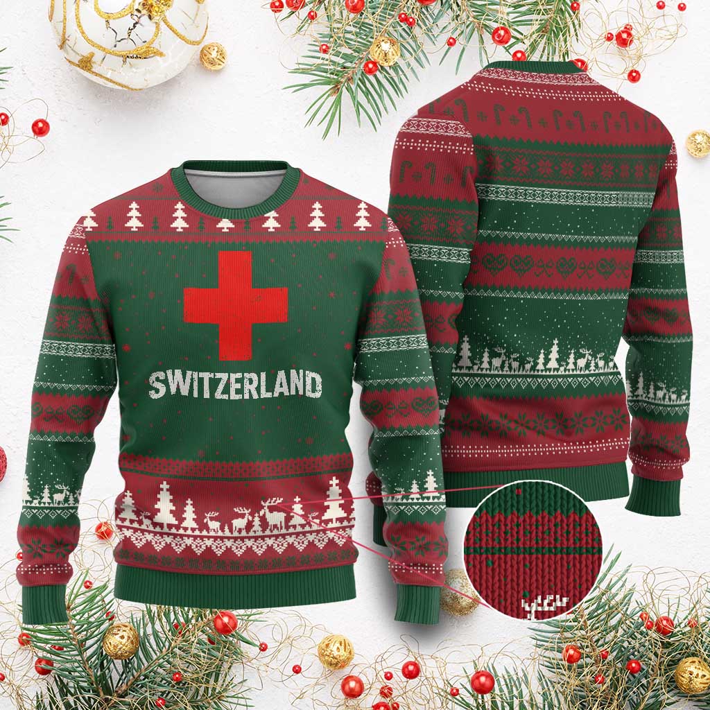 Vintage Retro Switzerland Fan Ugly Christmas Sweater Swiss Cross Flag