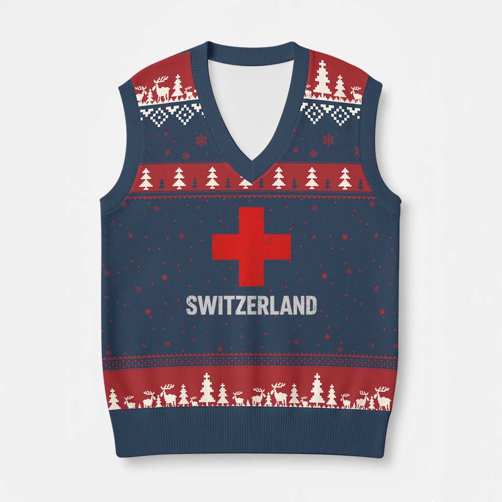 Vintage Retro Switzerland Fan V-Neck Knit Sweater Vest Swiss Cross Flag
