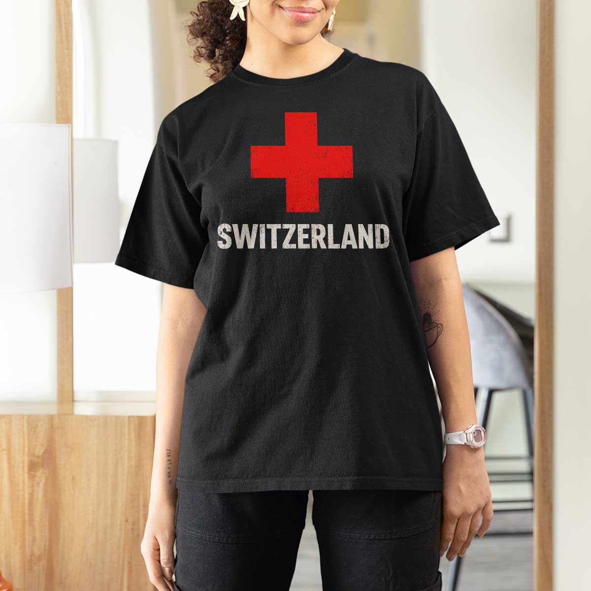 Vintage Retro Switzerland Fan T Shirt For Women Swiss Cross Flag