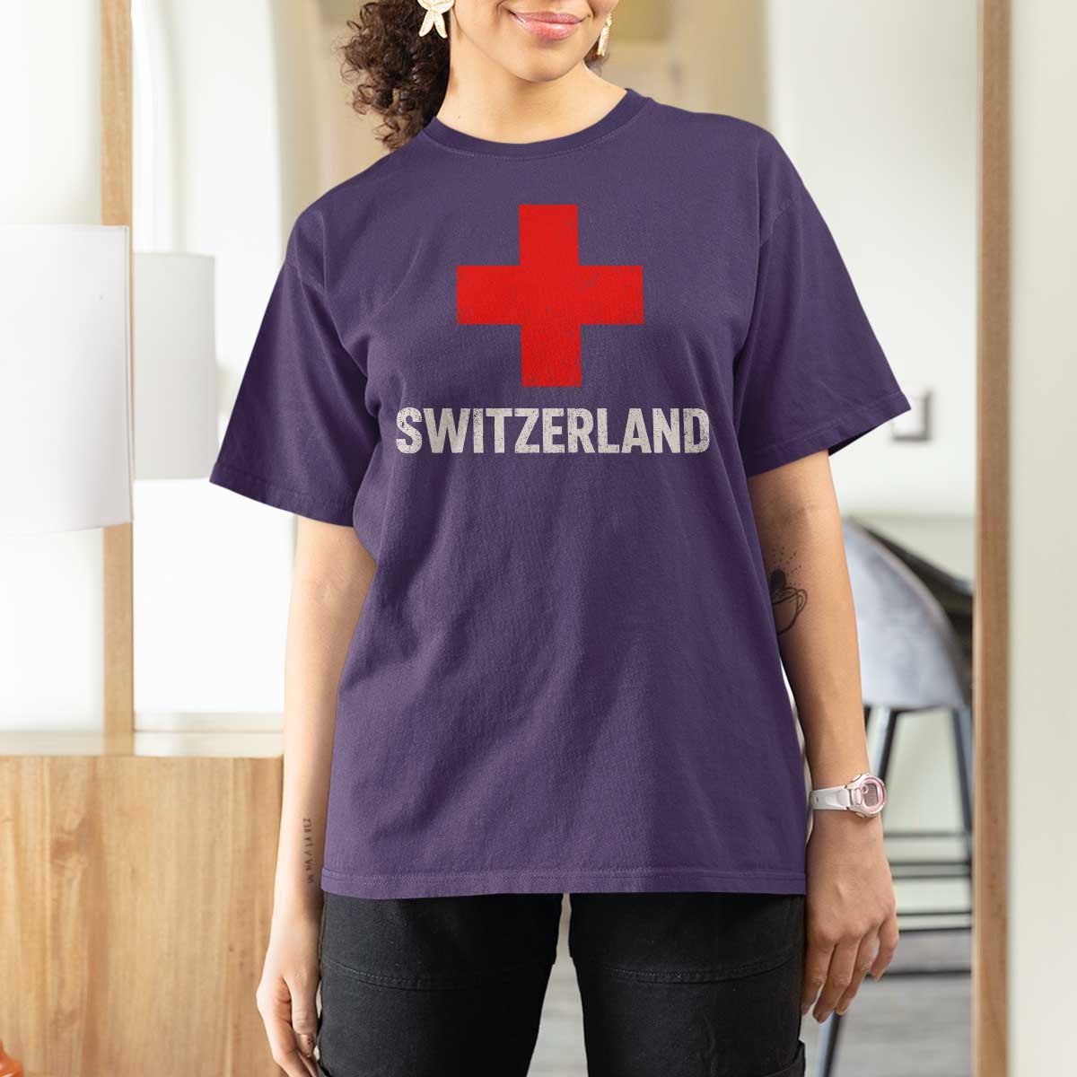 Vintage Retro Switzerland Fan T Shirt For Women Swiss Cross Flag
