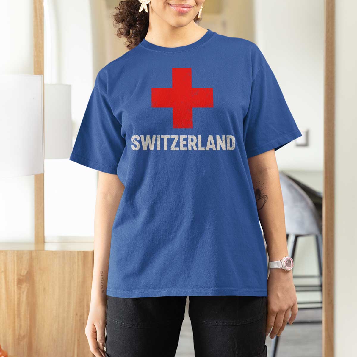 Vintage Retro Switzerland Fan T Shirt For Women Swiss Cross Flag