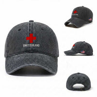 Vintage Retro Switzerland Fan Washed Cotton Baseball Cap Swiss Cross Flag