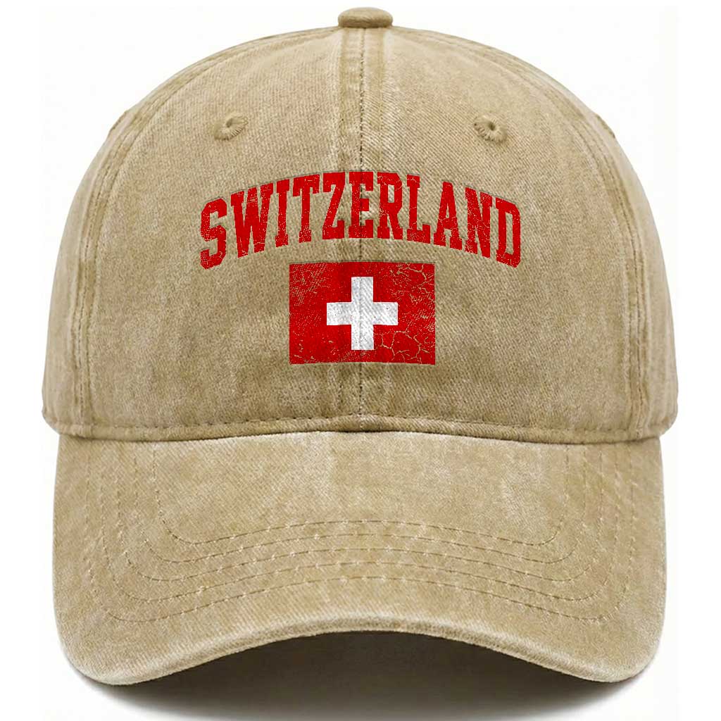 Switzerland Fan Washed Cotton Baseball Cap Vintage Retro Swiss Cross Flag