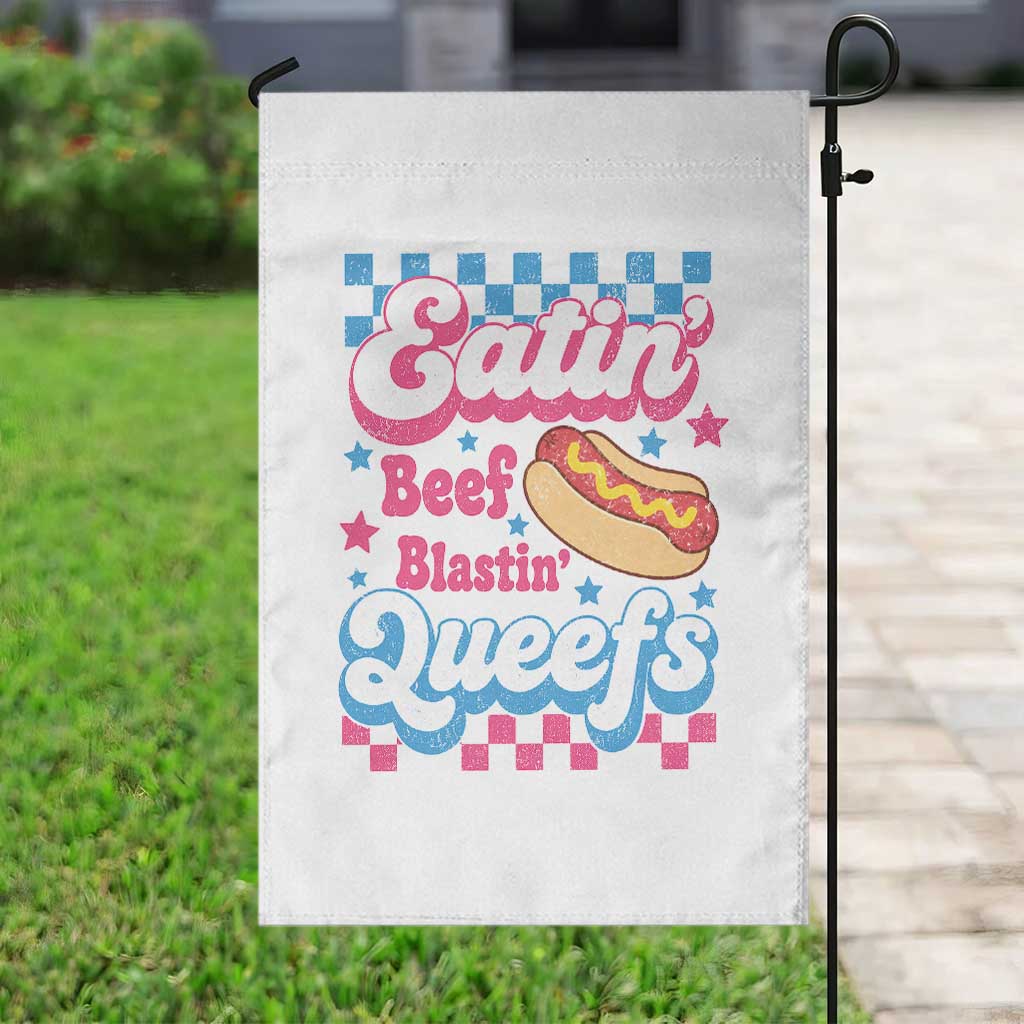 Hotdog Eatin Beef Blastin Queefs Inappropriate Garden Flag Retro Groovy Hotdog Meme Funny Cringe Offensive Humor