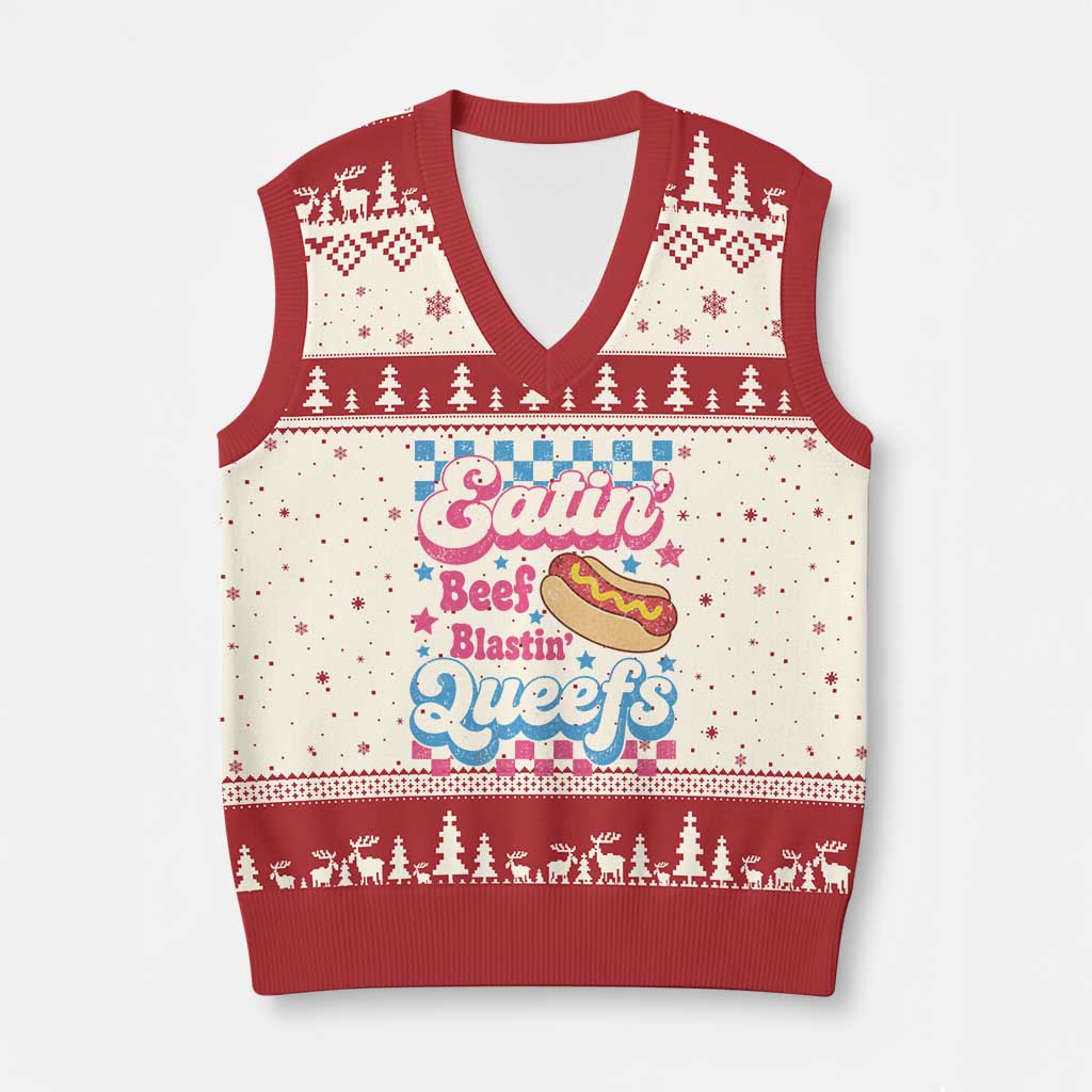 Hotdog Eatin Beef Blastin Queefs Inappropriate V-Neck Knit Sweater Vest Retro Groovy Hotdog Meme Funny Cringe Offensive Humor