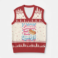 Hotdog Eatin Beef Blastin Queefs Inappropriate V-Neck Knit Sweater Vest Retro Groovy Hotdog Meme Funny Cringe Offensive Humor