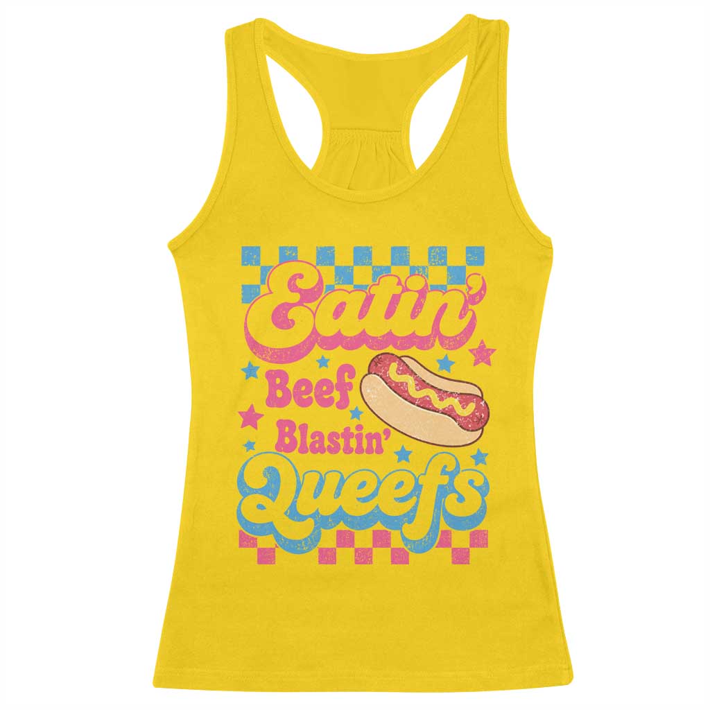 Hotdog Eatin Beef Blastin Queefs Inappropriate Racerback Tank Top Retro Groovy Hotdog Meme Funny Cringe Offensive Humor