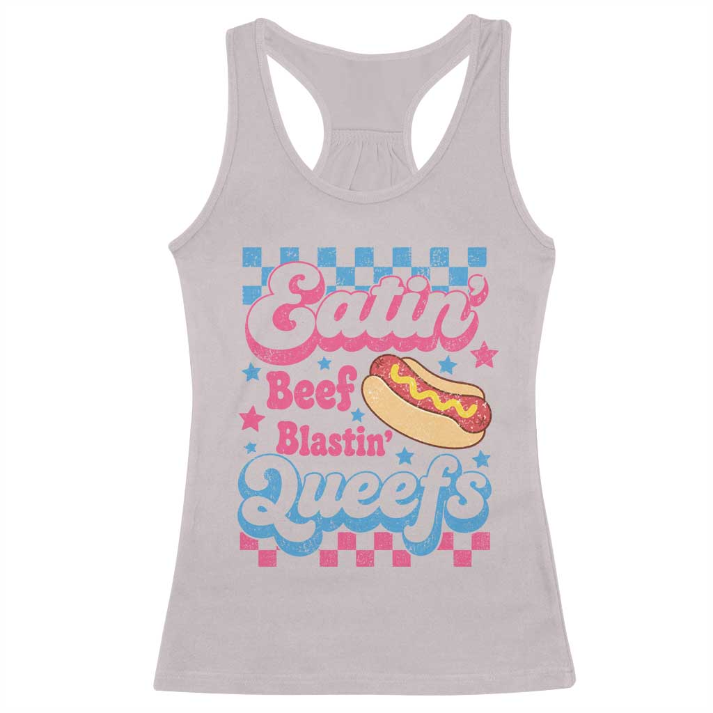 Hotdog Eatin Beef Blastin Queefs Inappropriate Racerback Tank Top Retro Groovy Hotdog Meme Funny Cringe Offensive Humor