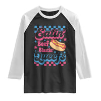 Hotdog Eatin Beef Blastin Queefs Inappropriate Raglan Shirt Retro Groovy Hotdog Meme Funny Cringe Offensive Humor