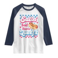 Hotdog Eatin Beef Blastin Queefs Inappropriate Raglan Shirt Retro Groovy Hotdog Meme Funny Cringe Offensive Humor