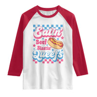 Hotdog Eatin Beef Blastin Queefs Inappropriate Raglan Shirt Retro Groovy Hotdog Meme Funny Cringe Offensive Humor