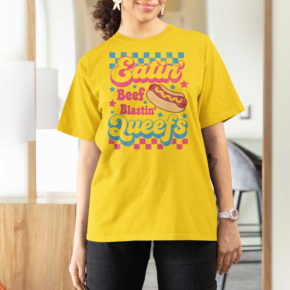 Hotdog Eatin Beef Blastin Queefs Inappropriate T Shirt For Women Retro Groovy Hotdog Meme Funny Cringe Offensive Humor